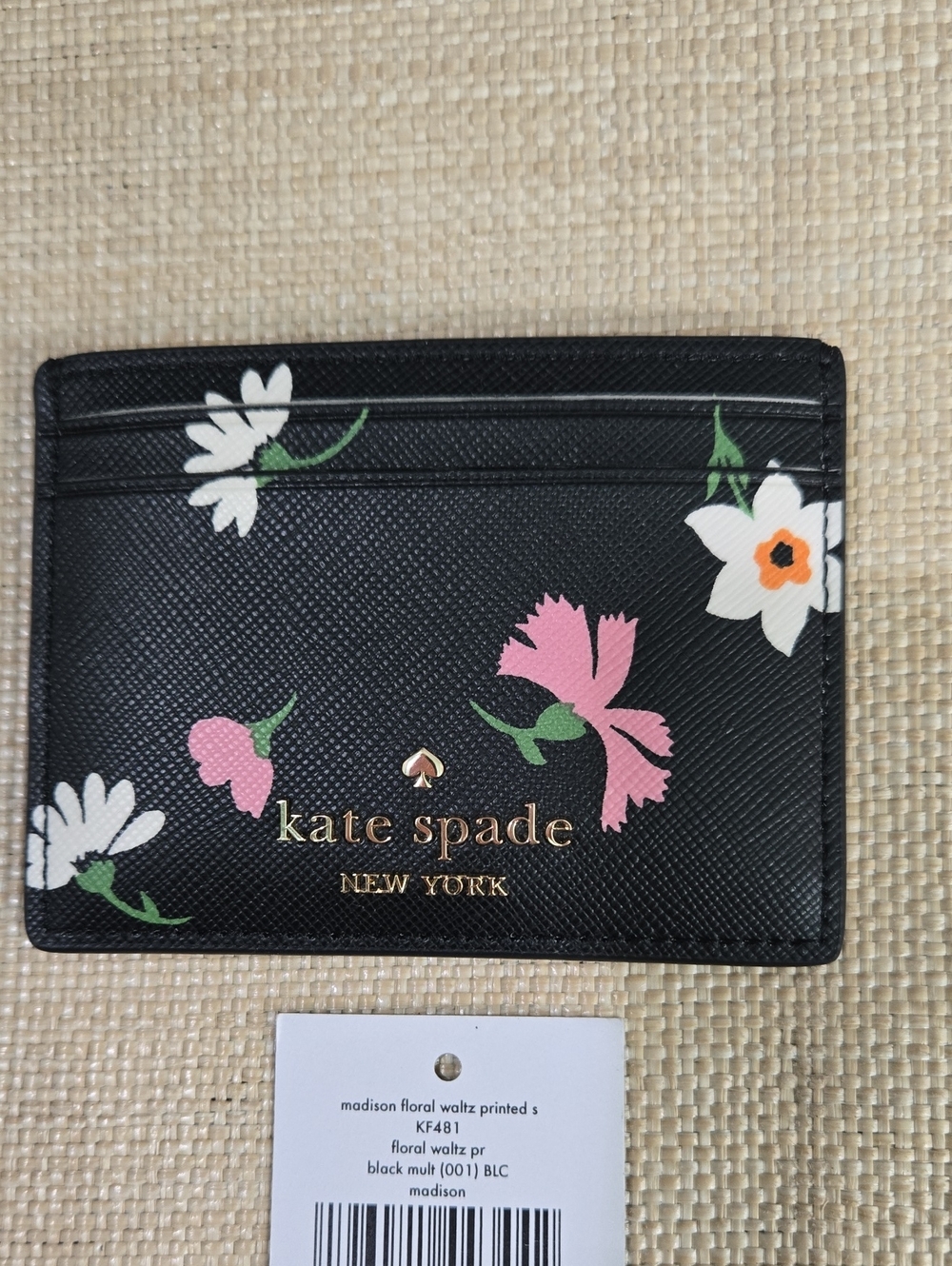 kate spade black floral card holder with pink and white blooms